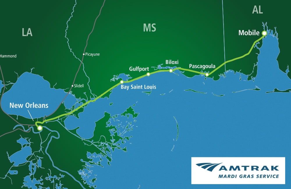 The Amtrak Mardi Gras service, which runs from New Orleans, Louisiana, to Mobile, Alabama.